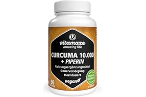 ‎VITAMAZE - AMAZING LIFE Kurkuma 10.000 mg hochdosiert in nur 1 Kapsel mit Piperin + Curcumin, 90 Kapseln bioaktivem Curcuma Extrakt für 3 Monate, Nahrungsergänzungsmittel ohne Zusatzstoffe