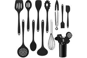 Onader Küchenhelfer Set, 12 teiligs Silikon Kochutensilien Kochbesteck Set, Antihaft Hitzebeständiger Kochgeschirr Küchenutensilien Set mit Utensilienhalter, Spülmaschinengeeignet - Schwarz