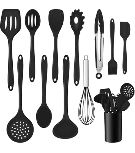 Onader Keukenhulpset, 6-delig, siliconen keukengerei, kookgerei, hittebestendig kookbestekset voor koken, vaatwasmachinebestendig, zwart Onader Keukenhulpset, 6-delig, siliconen keukengerei, kookgerei, hittebestendig kookbestekset voor koken, vaatwasmachinebestendig, zwart