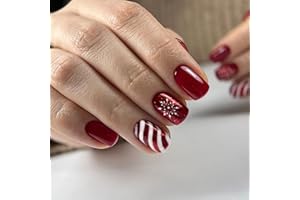 SHENGQIALUN Christmas Nails, 24pcs Square Christmas False Nails, Cute Stick On Nails With Burgundy Red Striped Snowflake Design, Press On Nails Glue On Nails For DIY Nail Art Christmas Party