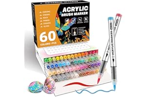 ‎ABEIER ABEIER 60 Farben Acrylstifte Set für Steine Wasserfest Brush Tip Acrylic Pens Set, Acrylmarker Schnelltrocknend und Ungiftig, Acrylstifte zum Bemalen für Stoff, Leinwand, Glas, Holz und Papier