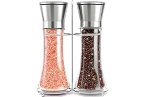 Willow & Everett Salt and Pepper Grinders - Set of Premium Stainless Steel Mills w/Stand – Tall Shakers w/Adjustable Coarseness - Salt & Pepper Mills w/Lids