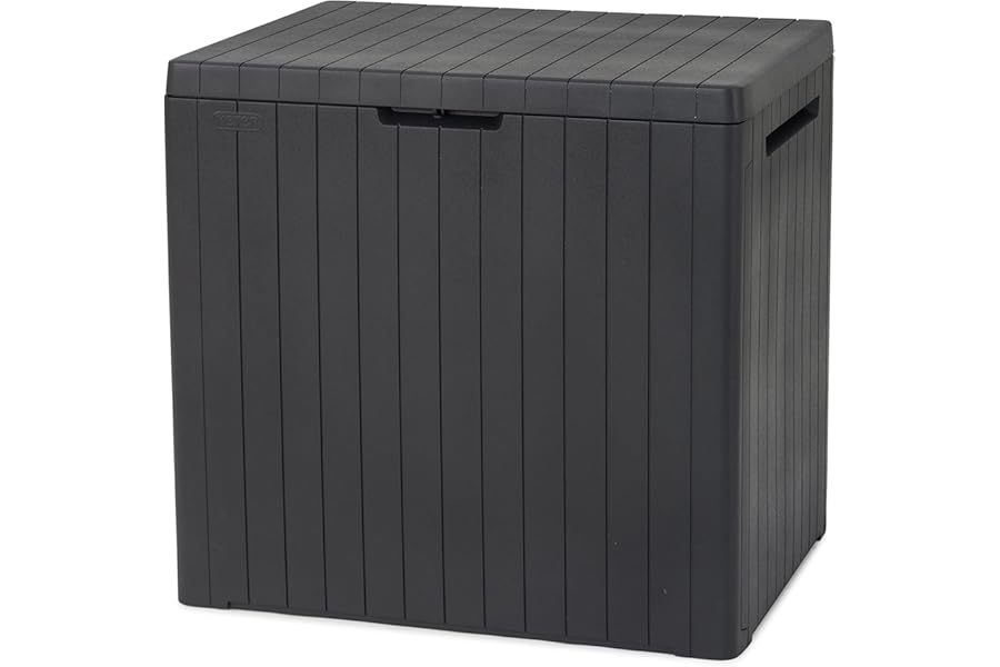 Keter City 113L Outdoor 96% recycled Small Balcony Garden Furniture Storage Box Grey Wood Panel Effect | Fade Free | All Weather Resistant | Safe and Secure | Zero Maintenance | 2 year Warranty