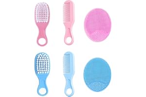 FVIZAL 6 Pcs Baby Hair Brush, Baby Brush and Comb Set Soft Bristle Baby Brush Massage Scalp Brush for Newborn Cradle Cap Scalp Cleaning Care, Perfect Baby Registry Gift (Pink, Blue)