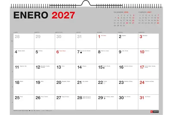 Miquelrius - Calendario 2027 de Pared A3, Español, Basic | 12 Meses, Vista Mensual, Espacio para Anotar, Calendario Anual al Dorso, Festivos, Fases Lunares, Espiral Doble