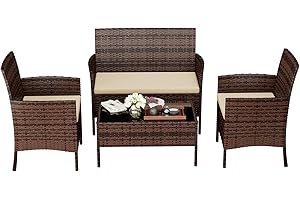 Amopatio Gartenmöbel Set, Rattanmöbel Balkonmöbel 4-teilig. Kleiner Gartengarnitur Sitzgruppe mit 2 Sessel, Sofa & Tisch für Terrasse, Balkon, Poolränder, Braun
