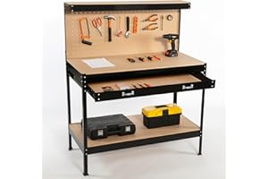 SwitZer New Black Steel Garage Tool Box Toolbox Work Bench Workbench Storage With Drawers Pegboard and 20 Pegs Shelf DIY Workshop Station