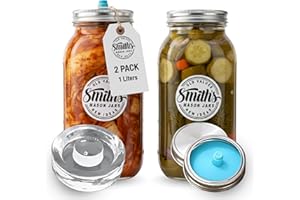 Smiths Mason Jars Fermentierglas 1L - 2er-Pack Fermentiergläser – Fermentierglas mit gärventil für Kimchi, Sauerkraut, Pickles & Sauerteigstarter– Fermentierset - Fermentationsglas Kimchi Behälter