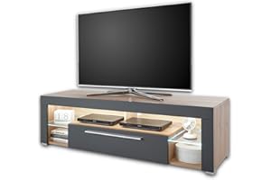 Stella Trading GOAL Mueble bajo en acabado roble Artisan y gris con iluminación led, mesa de TV, con mucho espacio de almacenamiento para tu sala de estar, 153 x 44 x 44 cm (ancho/alto/profundo)