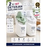 2&rsquo;li &Ouml;l&ccedil;ekli 1900 ml Hava Almaz Toz Deterjan Saklama Kabı &Ccedil;ift Contalı Banyo Organizeri, Beyaz - Yeşil