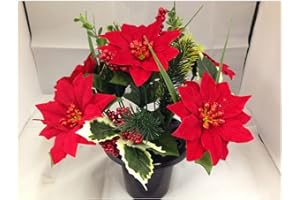 GARTHWAITE NURSERIES® : - UK Stockist. Artificial/Silk Red Poinsettias, Variegated Holly, Berries & Mixed Greenery Christmas Grave Vase/Crem Pot Or Table Centre