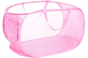 Diggoour Durable Collapsible Laundry Baskets, Mesh Pop Up Laundry Hamper with Handy Pocket, Foldable Clothes Hamper with Reinforced Carry Handles for Laundry, Bathroom, Kids Room or Travel Pink