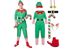 HarnyLoom Costume Lutin Femme Homme Deguisement Elfe Noel Enfant Robe Vert Rouge Elfe Chaussettes Oreilles d'elfe Ceinture Adulte Garçon Fille Cosplay