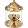 CASA ILLUMINATE Brass Akhand Diya for Puja with Glass Cover - 5 Inch Medium Size Batti Lamp for Pooja with Borosilicate Glass , Wick Holder & Gold Lid for Home Decoration & Jyoti Lighting in Mandir