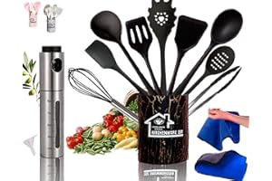 KRAPPS Utensilios de Cocina - Utensilios de Cocina de Silicona + Pulverizador Aceite Spray + Trapos Cocina | Accesorios Cocina | Espatulas Silicona Cocina | Pinzas Cocina | Bote Almacenaje Cocina (Negro)