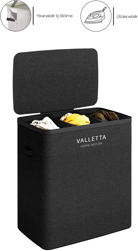 valletta Paloma 120l Üç Yıkanabilir Bölmeli Katlanabilir Kumaş Kirli Çamaşır Sepeti Ink Black XL