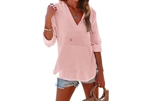 Fisoew Damska bluza z kapturem, z długim rękawem, bawełna, tunika plażowa, dekolt w serek, sukienka plażowa z kieszeniami, bluza plażowa