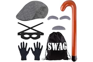 Kavoc 6 Pcs Burglar Costume Set Include Hat Bag Eyemask Mustache Gloves and Inflatable Cane for Kids World Book Day Dress Up