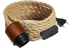 WPQIUZS Portalampada E27 con Interruttore e Spina, 500 CM Cavo, Lampada Corda di Canapa, Kit Cavo a Corda per Lampadario, Lampada a Sospensione, Vintage Vento Industriale, Adatto Interni, Idea di Casa