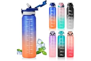 SEASEVEN Sports 1L Water Bottle with Straw,Plastic Drinks Bottle,1 Litre Water Bottles with Time Markings,Waterbottle Leak Proof-Bpa-Free for Gym,School, Office,Travel (Blue Orange)
