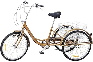 Akuoyiexemye 24 pollici triciclo per adulti Cruise Bike in acciaio ad alto tenore di carbonio con luce e cestino della spesa, 3 ruote bici da città, 6 marce, capacità di carico 120 kg per città