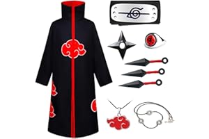 Déguisement Akatsuki Cosplay Itachi Costume Adulte Enfant Tenue Akatsuki Robe Cape Deguisement Itachi Uchiha Cosplay de 8PCS Accessoires Bague Collier Noel Hallowwen Homme Femme Deguisement Animal