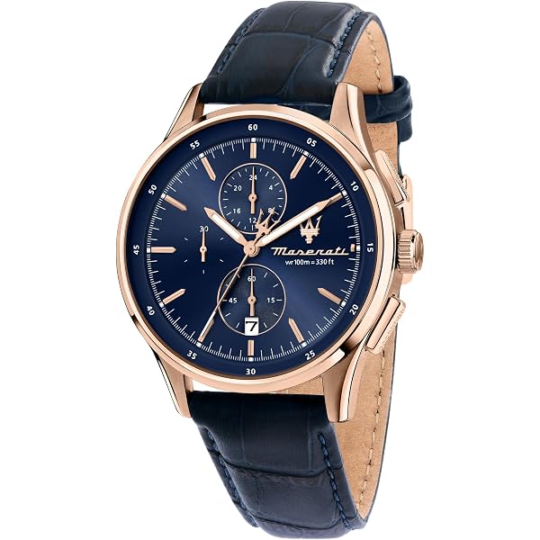 Maserati Orologio Uomo Collezione Epoca: Cronografo Al Quarzo, Cassa In Acciaio Con PVD Oro Rosa E Cinturino In Cuoio Blu - R8871618007