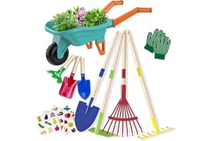 LATERN Barn trädgårdsverktygsset, 70 cm skottkärra med 70 cm metallspade kratta hacka blad räfsa 20 cm spade kratta handskar pedagogisk STEM lärande låtsasleksak för utomhus trädgård gård gräsmatta