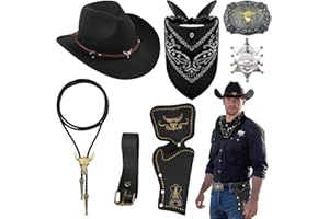 Saier tbo 8 Pièces Cowboy Costume Accessoires Set, Marron Cowboy Fancy Dress Kit avec Chapeau Bandana Insigne Ceinture Collier Vintage pour Adulte Hippie Carnaval Cosplay (Noir)