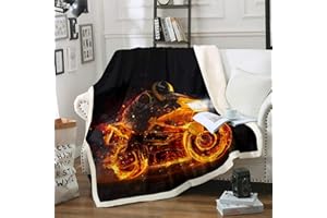 Loussiesd Coperta in pile per motocross Racer Death Rider Extreme Sport Sherpa coperta per ragazzi uomini Fire Racing moto coperta in peluche 3D Dirt Bike trapunta singola 150 x 150 cm