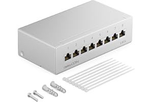 deleyCON CAT 6 Patch Panel Krosownica 8 Portów 1U Montaż na Biurku i Ścianie Ekranowany 8x Gniazdo RJ45 LAN Kabel Instalacyjny Sieci LAN TIA568A TIA568B RAL 7035 Jasnoszary