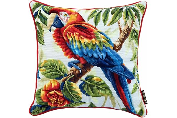 ASONGLINGO Kit de Crochet de Verrouillage Coussin Tapis DIY Broderie Kit Tapis Point Noué à Faire pour Débutants, Latch Hook Canevas Coussin Point 43x43cm(Perroquet sur une branche)