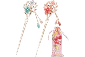 FOUNSHO 2 Pièces Baguettes à Cheveux Vintage avec Fleurs Opales, Chignon Baguettes Décoration Chinoises Accessoire de Pince à Cheveux Barrette pour Femme Fille, Cadeaux d'anniversaire (Rose + Bleu)