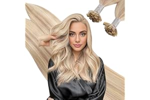 ‎UGEAT Ugeat Flat Tip Extensions Blond 45cm Haarverlängerung Bondings Echthaar Aschblond Highlight Weißblond Remy Extensions 50g Extensions Echthaar Bonding Keratin 50 Strähnen