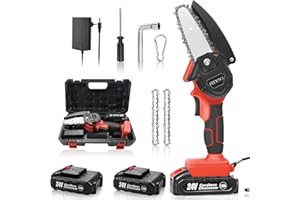 FEEYOO Mini Motosierra a batería, 24V Inalámbricas Sierra Electrica, 5M/S, 1.08kg, Portátil, 2 Cadenas, 2 Batería, Cargador Rápido, para Rama de Árbol Corte de Madera
