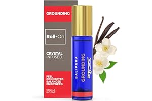 BALIPURA Aura Roll-On para "Enraizar" con bola de rodillo de Jaspe Rojo y piedras preciosas naturales dentro, hecha con aceites esenciales puros de vainilla y clavo de olor, Hecho a mano en Bali, 8 ml