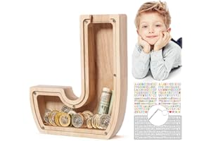 MoneRffi Personalized Letters Wooden Piggy Bank 23x23cm, A-Z Letters Coin Bank Money Box with Clear Alphabet Stickers, Money Saving Bank For Family Christmas Birthday DIY Gift Home Decoration