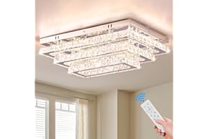 Finktonglan Modern Crystal LED Ceiling Light FIxtures 20” Dimmable Rectangular Flush Mount Chandelier Ceiling Lights 3-Tiers Stainless Steel Ceiling Lamp Fixtures for Living Room Bedroom Dining Room