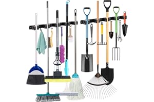 Carehabi Accroche Balai Mural 2 Pièces, 5 Support Balais Mural et 4 Crochets Noir, Porte Balai avec Percage ou Adhésif san Percage pour Salle de bain Garage, Outils de Jardinage, Cuisine