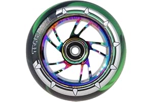 Team Dogz Single Rainbow Neochrome Alloy Core 110mm Stunt Scooter Wheel With Mixed PU and ABEC11 Bearings (Rainbow Core, Black/Green PU)