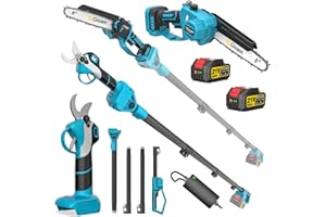 8 Zoll Mini Kettensäge & Akku Elektro Gartenschere 4-in-1 Gartenwerkzeug Set,Mit 2×4.0ah Akku,VerläNgerungsstange Bis 4.2m,BüRstenloser Motor,Elektro Hochentaster AstsäGe FüR Baumzweige, Holzschneiden