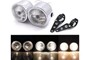 APEBAZY Universal Motorcycle Twin Headlight with Side Mount Bracket, 35W Motorbike Front Double Dual Halogen Headlamp for Street Fighter Naked Bike Cafe Racer Dominator Bobber （Chrome）