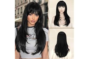 Sofeiyan Parrucche Nero Lunga Layered Con Frange Lisci per Donna,Radici Scure Capelli Ondulati Parrucche sintetico Resistenti al Calore Naturale dritta Parrucche con frangia per Halloween/Party-60cm