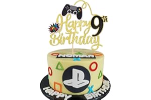 SYKYCTCY 1 Pack Happy 9th Birthday Cake Topper Glitter Video Game Cake Pick Game On Controllers Ninth Cheers to 9 Years Cake Decoration for Game Theme Happy 9th Birthday Party Supplies Gold