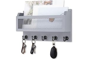 Nekon Mail and Key Holder for Wall Decorative, 11 Inch Wooden Wall Key Organizer with 5 Key Hooks, Wall Mount Storage Shelf for Entryway Hallway (Gray)