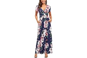 OUGES Sommerkleid Damen Kurzarm/Langarm V-Ausschnitt Kleid Casual Kleider Maxikleid mit Taschen