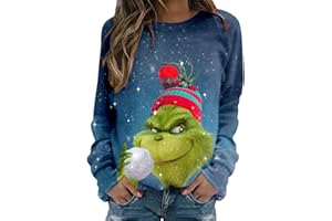 Generico Grinch Costume Maglione Natalizio a Maniche Lunghe Felpa da Donna Top Felpa Girocollo con Stampa Mostro Verde Natalizio Elegante Stampa T Shirt