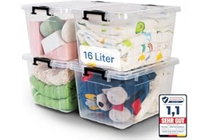 2mGoods - 4er Set 16L robuste Aufbewahrungsboxen mit Deckel L38xB28xH22 cm, extra starker Boden, Plastikboxen, stapelbar, BPA-frei, transparente Kisten für Wohnung, Werkstatt, Umzug und Spielzeug