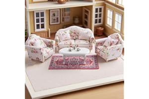 Minamzee 1:12 Dollhouse Sofa Furniture Set, 16Pcs Wooden Miniature Furniture Set, Dollhouse White Fabric Printed Double & Single Sofa with Pillow and Living Room Accessories