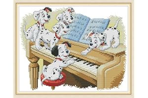 CaptainCrafts New Stamped Cross Stitch Kits Preprinted pattern Counted Embroidery Starter Kits for Beginner Kids and Adults - Five Dalmatians dog playing the piano (Stamped 11CT)